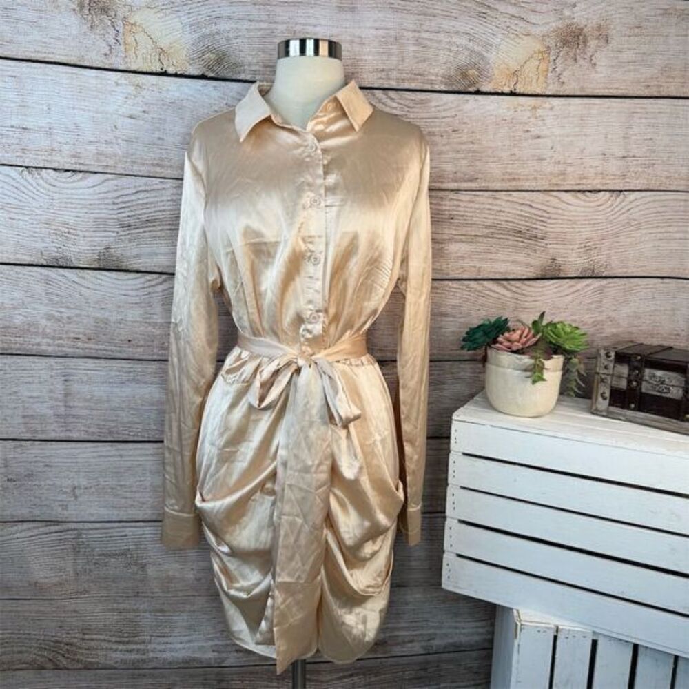 PrettyLittleThing Champagne Satin Long Sleeve Shirt Dress